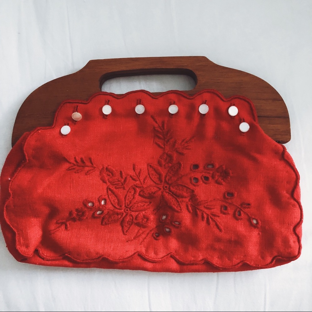 Vintage Embroidered Wood Handle Clutch